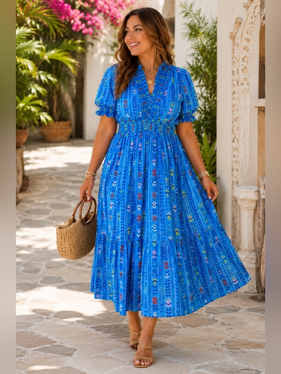 Umgee Dresses & Skirts - UMGEE Blue Mix Puff Sleeve Smocked Ruffle Neck Midi Dress EUC